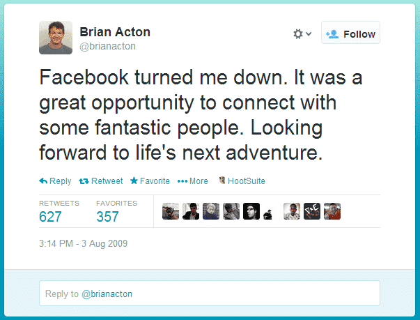 Brian Acton, facebook, rejected, turned down, whatsapp, buy, bought