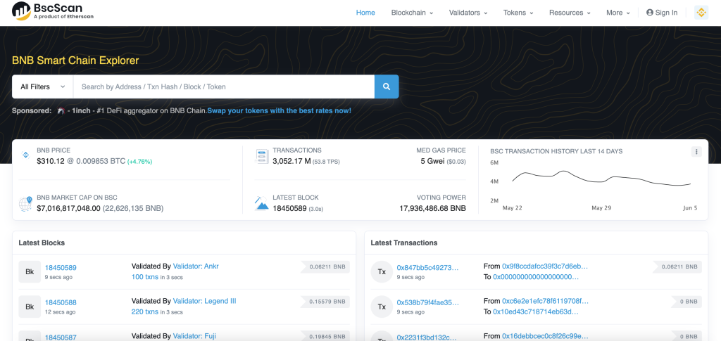 bscscan landing page, metamask netword