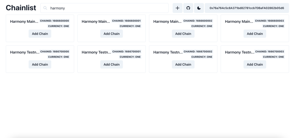 step 2, chainlist website, search for harmony and click add network
