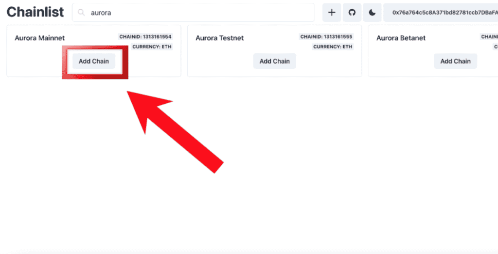 step 2, search aurora in chainlist and click on Aurora Mainnet