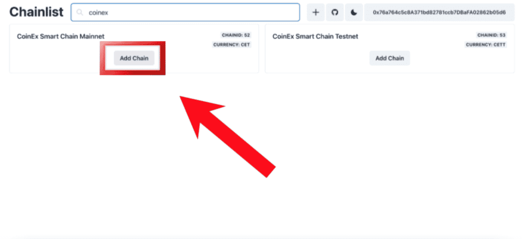 step 2, look for coinex smart chain on chainlist website