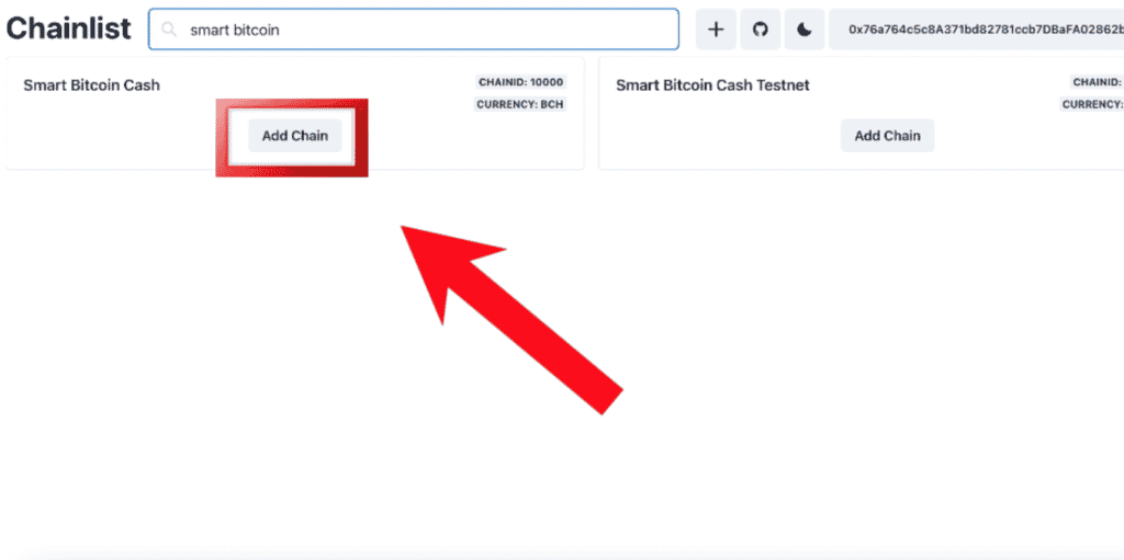 step 2, search for smart bitcoin cash, results, chainlist website