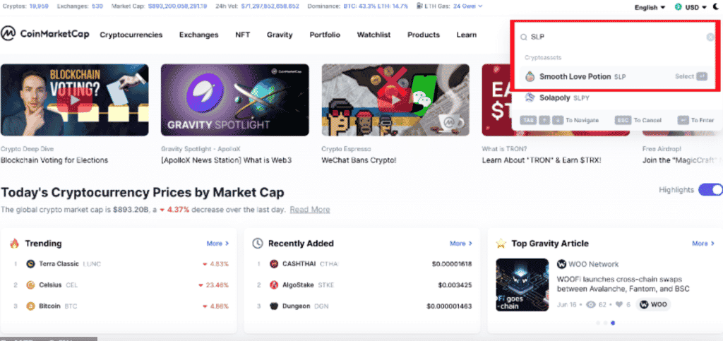 coinmarketcap official website search bar slp